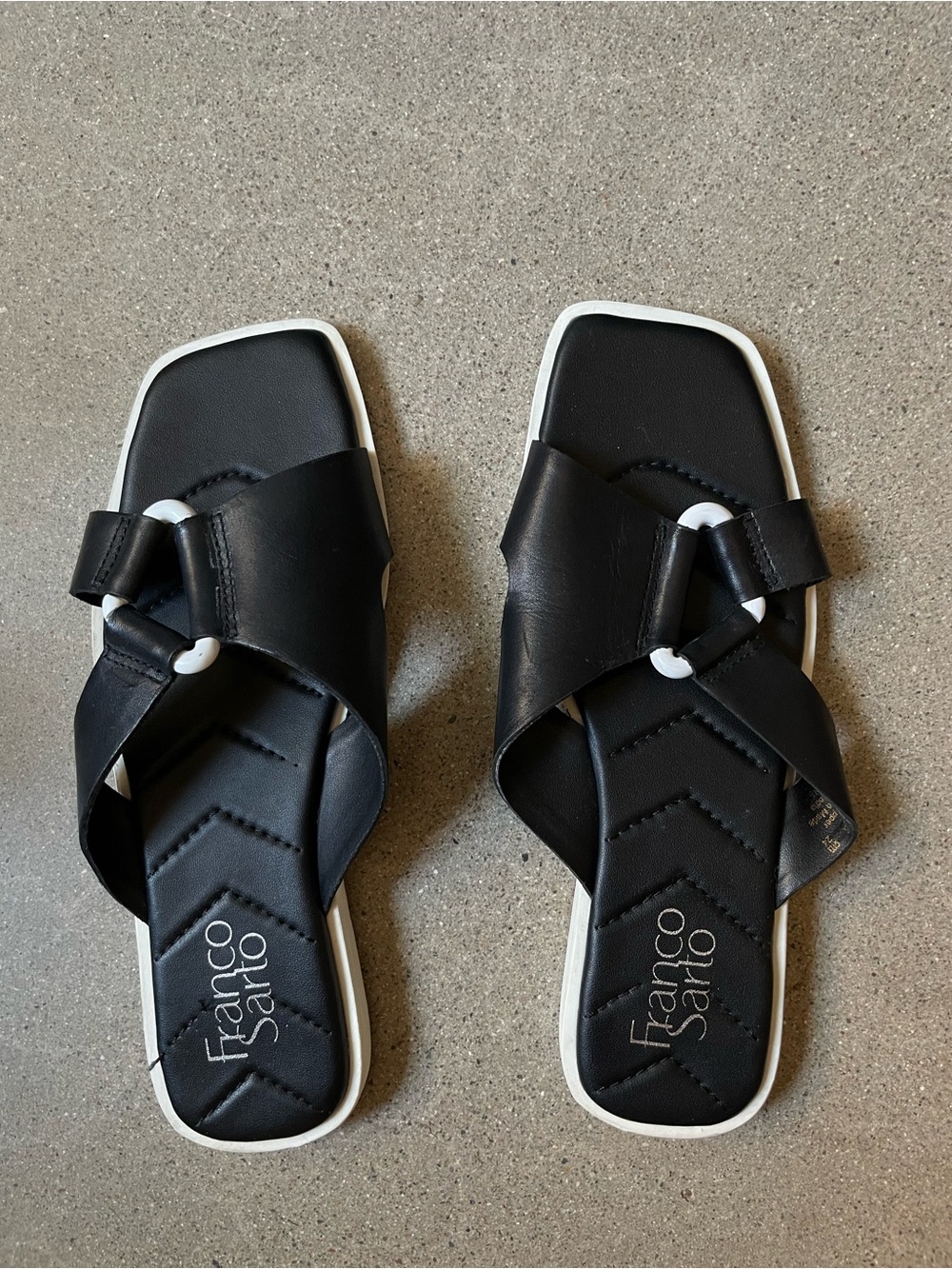 Franco Sarto Molana Leather Black Slide Sandals with White Trim Size 7